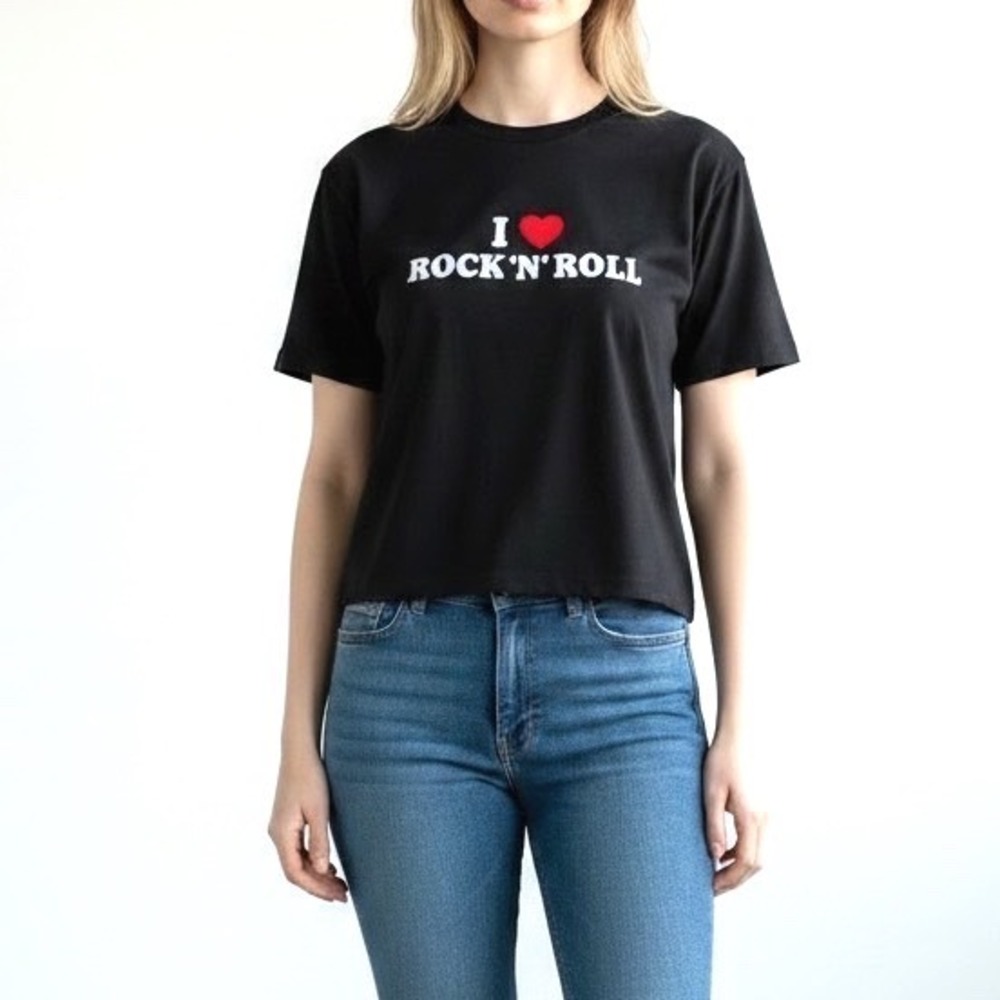 Womens I Heart Rock N Roll Graphic‎ Baby Tee Black Size Large